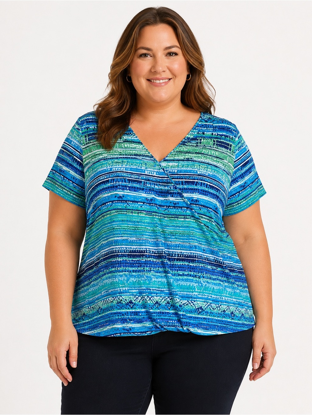 RUBY RD. WOMENS GREEN BLUE WHITE V-NECK SHORT SLEEVE TOP SIZE 2X